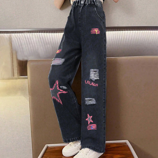 Girls, middle and large kidsren's summer creative five-pointed star denim wide-leg pants