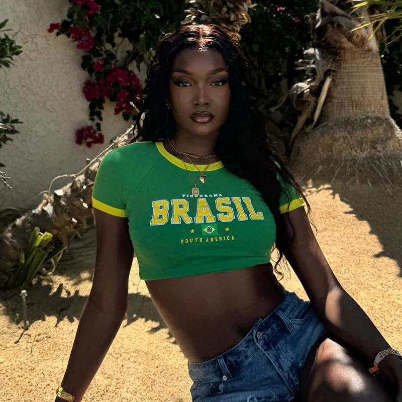 Nova camiseta de bebê estética retrô de rua feminina verde Brasil letras estampadas tops curtos casuais slim manga curta roupas Y2k E-girls