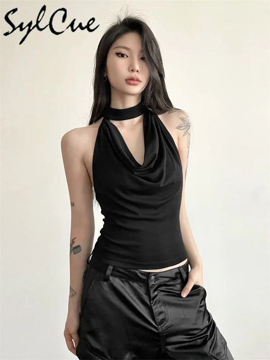 Sylcue Solid Color Simple Casual All-match Cool Confident Sexy Beautiful High Street Summer Travel Women's Thin Halter Vest