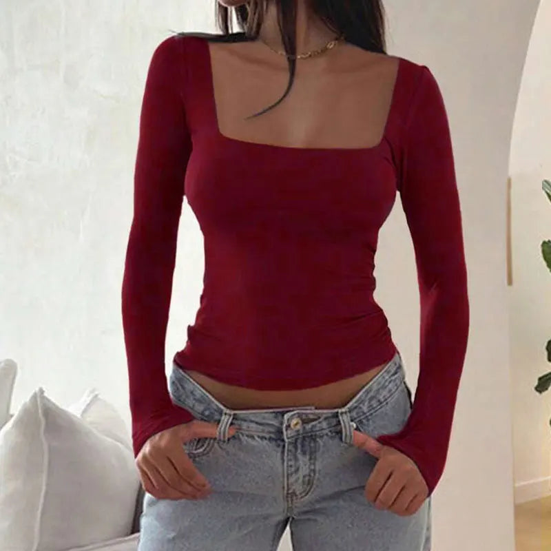 Women T-shirt Autumn New Sexy Low Chest Solid Elegant T-shirt Streetwear Fashion Long Sleeves Casual Slim Versatile Female Tees