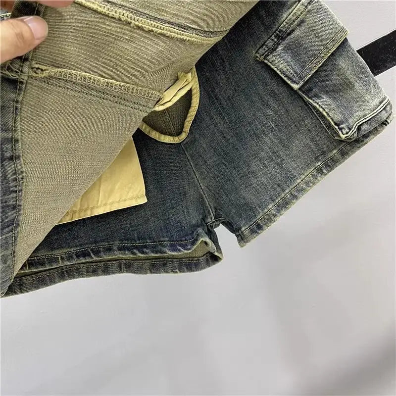 Denim Shorts Skirt Irregular Big Pockets Cargo High Waist Women Wash Grey Short A-Line Mini Skirt 2024 Summer New Fashion