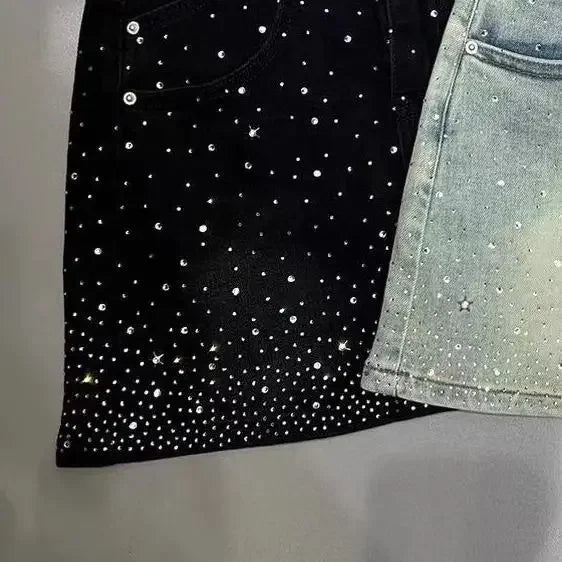 Saia jeans com strass estrelada e quente para mulheres 2024 verão nova saia jeans retrô slim a-line bainha