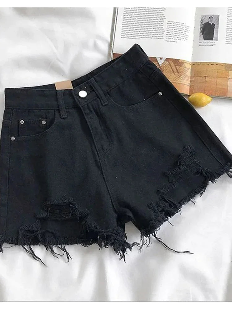 Moda Distressed Edge Cintura Alta Street Wear Mulheres Perna Larga Calças Quentes Verão Novos Shorts Jeans Casuais Femininos Estilo Coreano