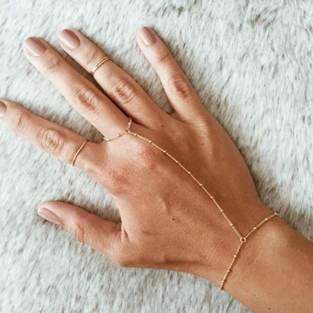 Dainty Hand Chain Bracelet Ring Gold Plated Handmade Link Chains Connecting Harness Bracelets Hand Jewelry for Women Trendy Gift