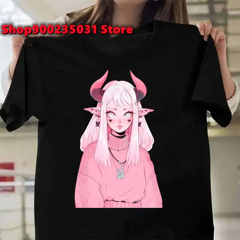 New Pink Demon Girl T-Shirt Streetwear Y2k Graphic Angel T-Shirt Harajuku Summer Women Aesthetic Oversized Outfit Tee Shirt