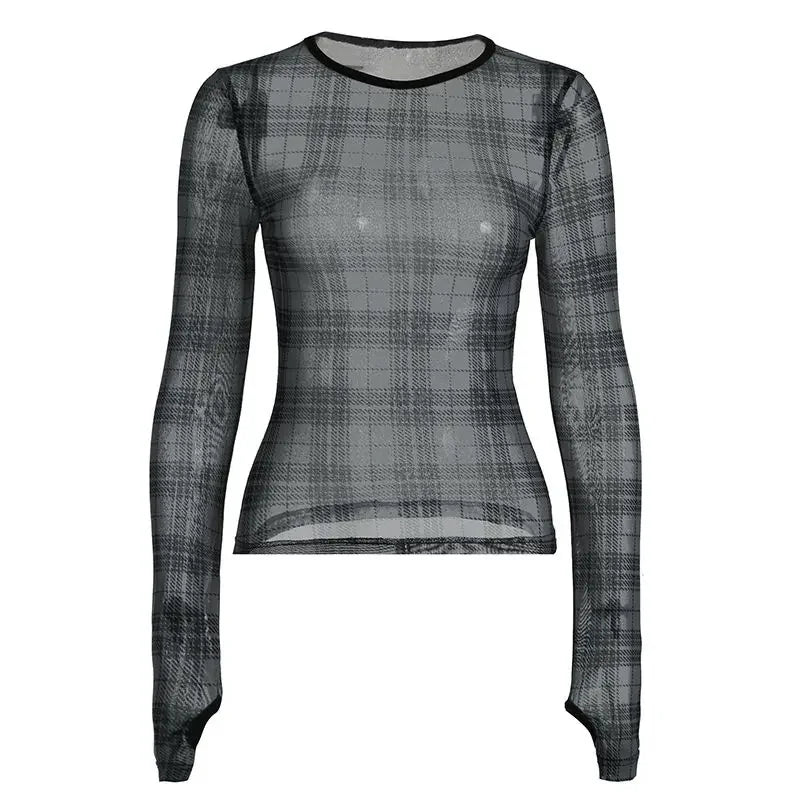 Black See Through Plaid Graphic Print T Shirts Women Y2k Mesh Crop Top Long Sleeve Tees Female Aesthetic Feminist Shirt