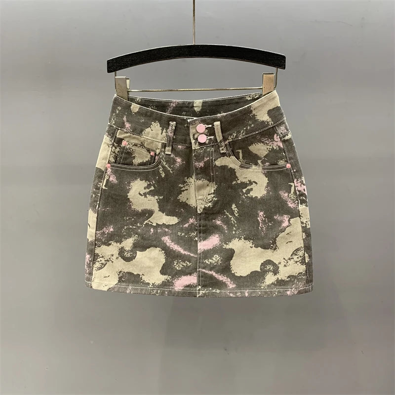 Women's skirt New camouflage printed mini skirt for summer 2024 Pure cotton denim women's Mini skirt