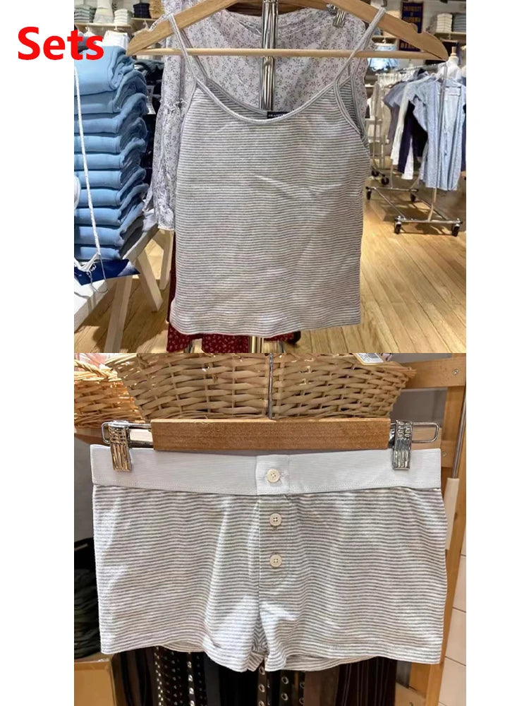 Conjunto de 2 peças de colete e shorts de algodão listrado rosa, feminino, regata slim com elástico, cintura alta, calças curtas retas, conjuntos fofos