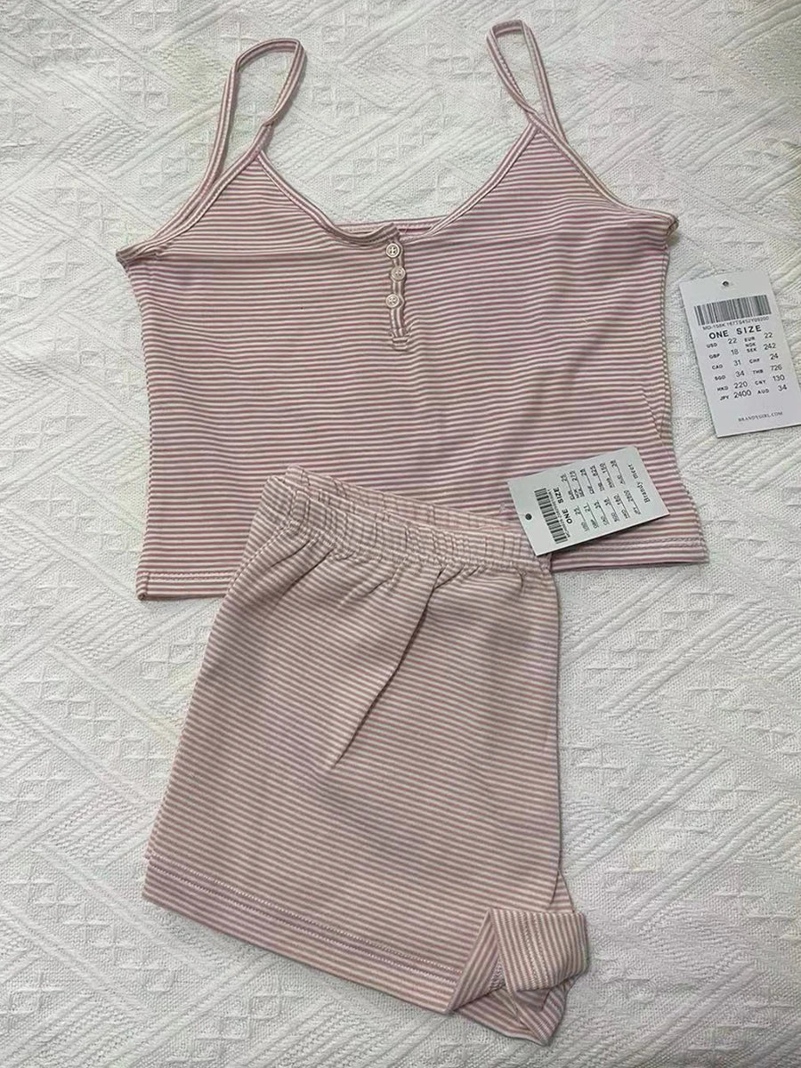 Pink Striped Cotton Vest Shorts 2 Pieces Set Women Bow Slim Tank Tops With Elastic High Waist Straight Short Pants Sweet Sets