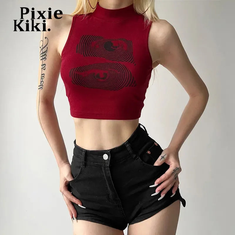 PixieKiki Red Graphic Crop Tops Y2k 2000s Moda Regatas para Mulheres 2023 Verão Camisetas Sem Mangas P71-AG12