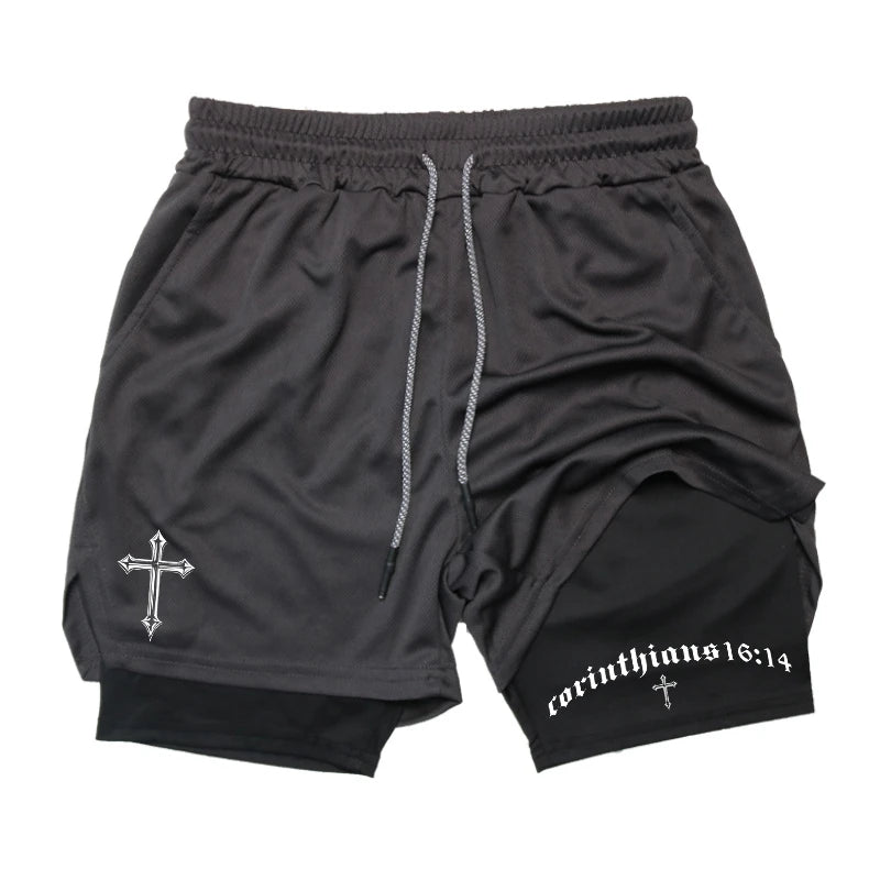 Cross Bible Graphic 2 in 1 Athletic Shorts for Men Christian Gym Workout Running Shorts with Phone Pocket Towel Loop Active Wear