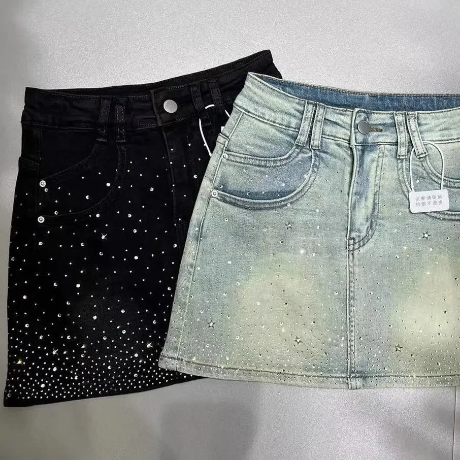 Saia jeans com strass estrelada e quente para mulheres 2024 verão nova saia jeans retrô slim a-line bainha