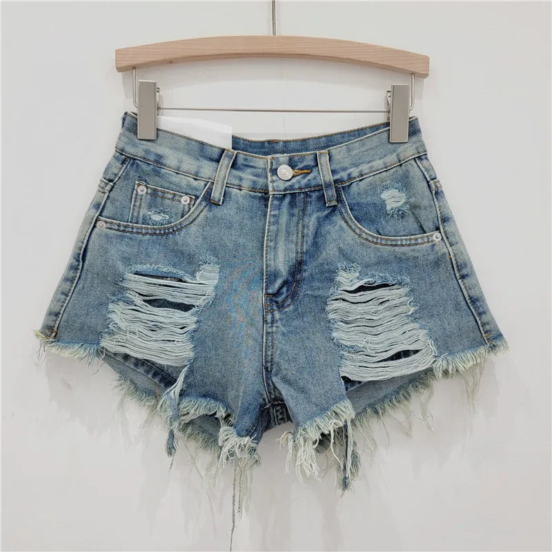 Street Style Ripped Denim Shorts Sexy All-Matching Wide Leg A- Line Frayed Ultra Short Hot Pants Jean Shorts Women Clothing