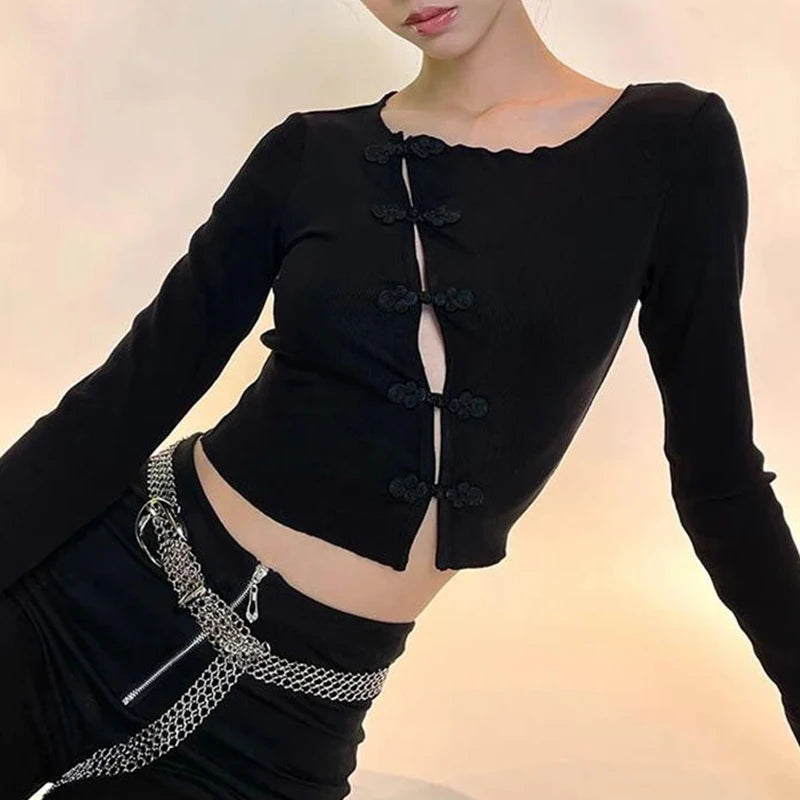 Beautiful black long sleeved wholesale fashion fun Harajuku long sleeved women's slim fit top T-shirt gothic punk kpop clothing