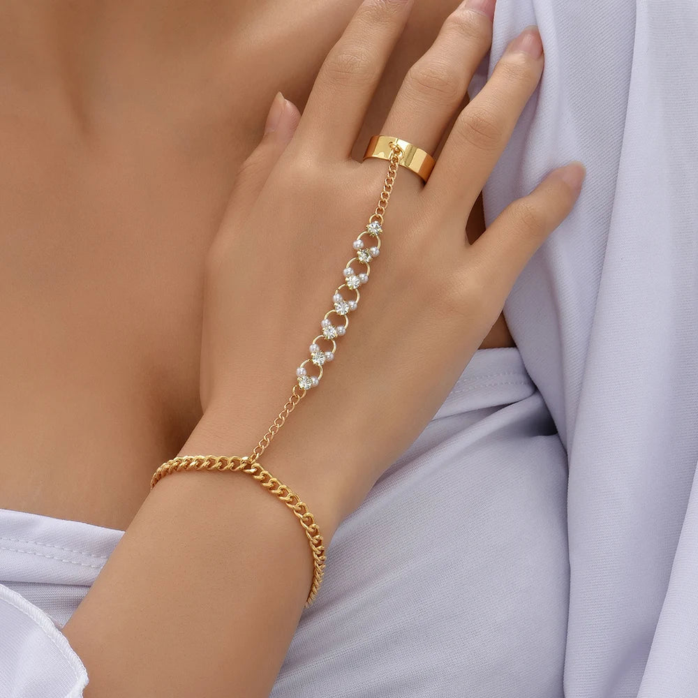 Dainty Hand Chain Bracelet Ring Gold Plated Handmade Link Chains Connecting Harness Bracelets Hand Jewelry for Women Trendy Gift