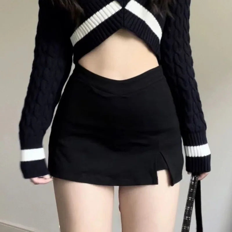 Women's Black Mini Skirts High Waist Sexy Hot Female Slit A-line Skirt All-match Summer Y2k Street Wear Ulzzang Simple Faldas