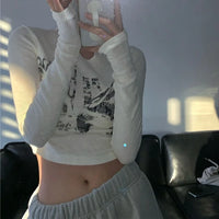 Tops curtos com estampa gráfica, vintage dos anos 90, camiseta feminina skinny de manga comprida, Y2K, camisetas básicas femininas, moda urbana Harajuku