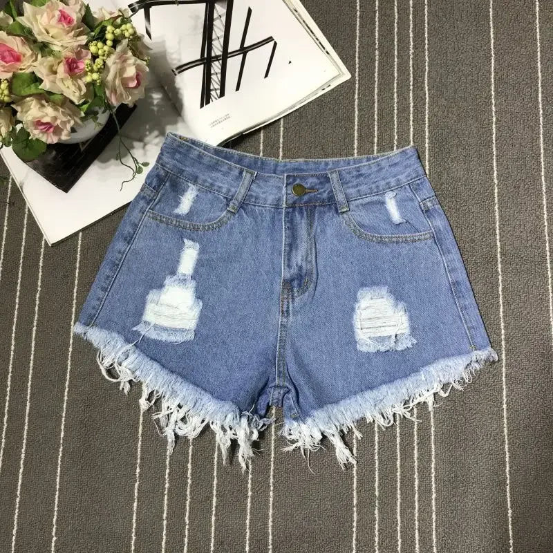 New Shorts Female Casual High-waisted Denim Shorts Female Summer Pocket Tassel Ripped Ripped Jeans Female Short Style Soft