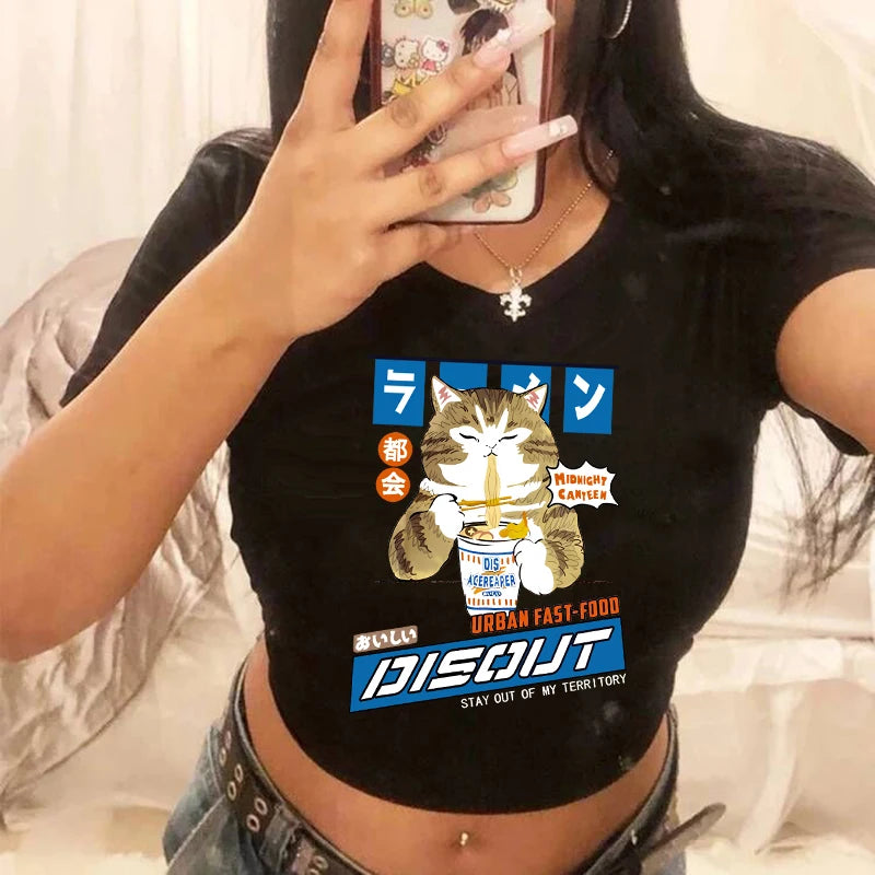 Women 2000s Sweet Funny Cat T Shirt Crop Top Women Shirt Cropped Ulzzang T-shirt 90s Tshirt Top Tee Female Gothic Shirt