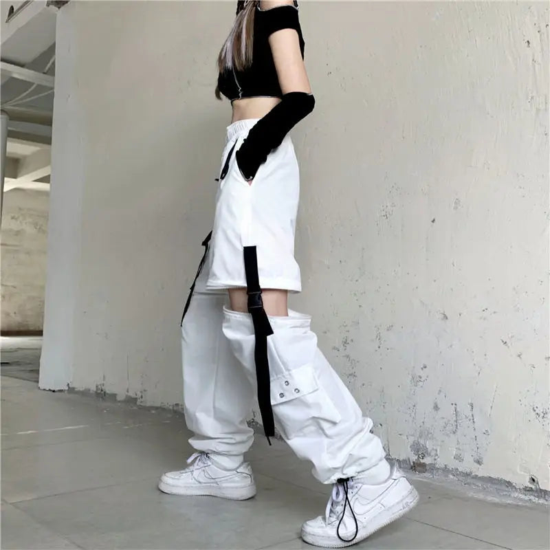 Streetwear Spring Summer Cargo Pants Women Harajuku Slim Punk Ribbons Joggers Elastic Waist Ankle-Length Trousers For Girls