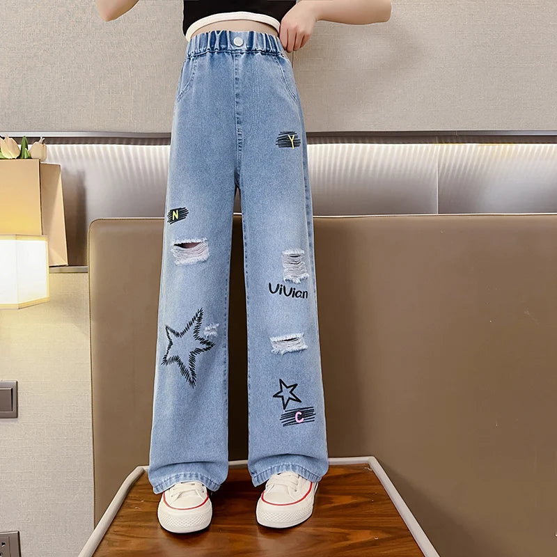 Girls, middle and large kidsren's summer creative five-pointed star denim wide-leg pants