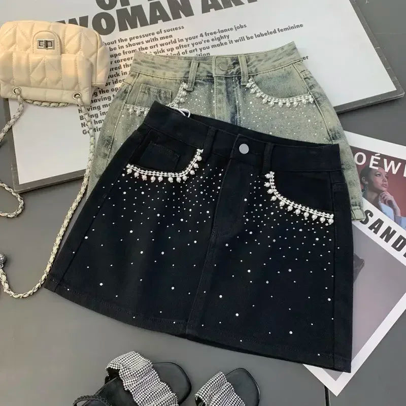 All-Match Heavy Embroidery Hot Drilling Pearl Vintage Blue Washed Denim Skirt High Waist Slimming Sense of Design A- line Skirt