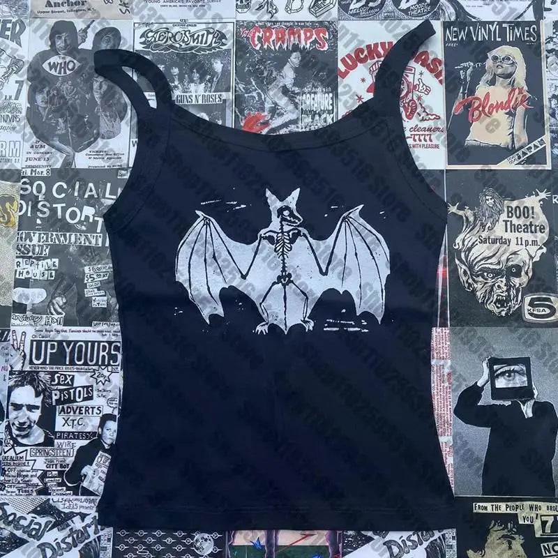 Aesthetic Goth bat Letter Y2K style Crop Tops T-shirt Short Sleevle Vest Tees Harajuku Streetwear Suspenders Women Clothes shirt