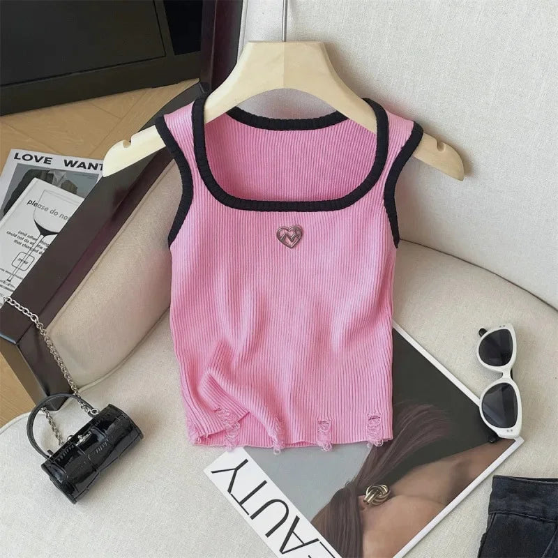 American Style Sexyknit Heart Shaped Tank Top For Women Versatile Color Blocking Summer Outer Wear Plus Size Vest/Suspender