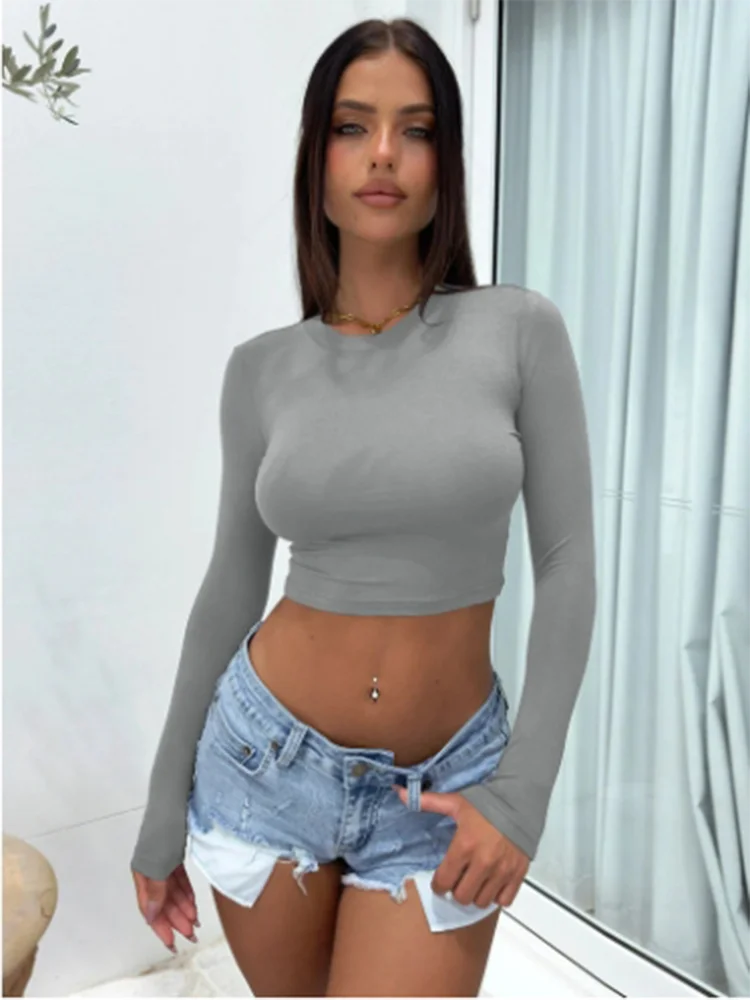 Round Neck Solid Color Long Sleeved Crop Top Women's Sexy Street T-shirt Y2K Autumn Pullover Clothes