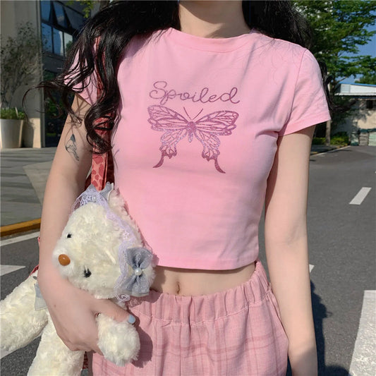 Cute E Girl Harajuku Pink T-Shirts Women Summer Casual Short Sleeve Glitter Butterfly Print Y2K Crop Top Fairy Aesthetic Clothes