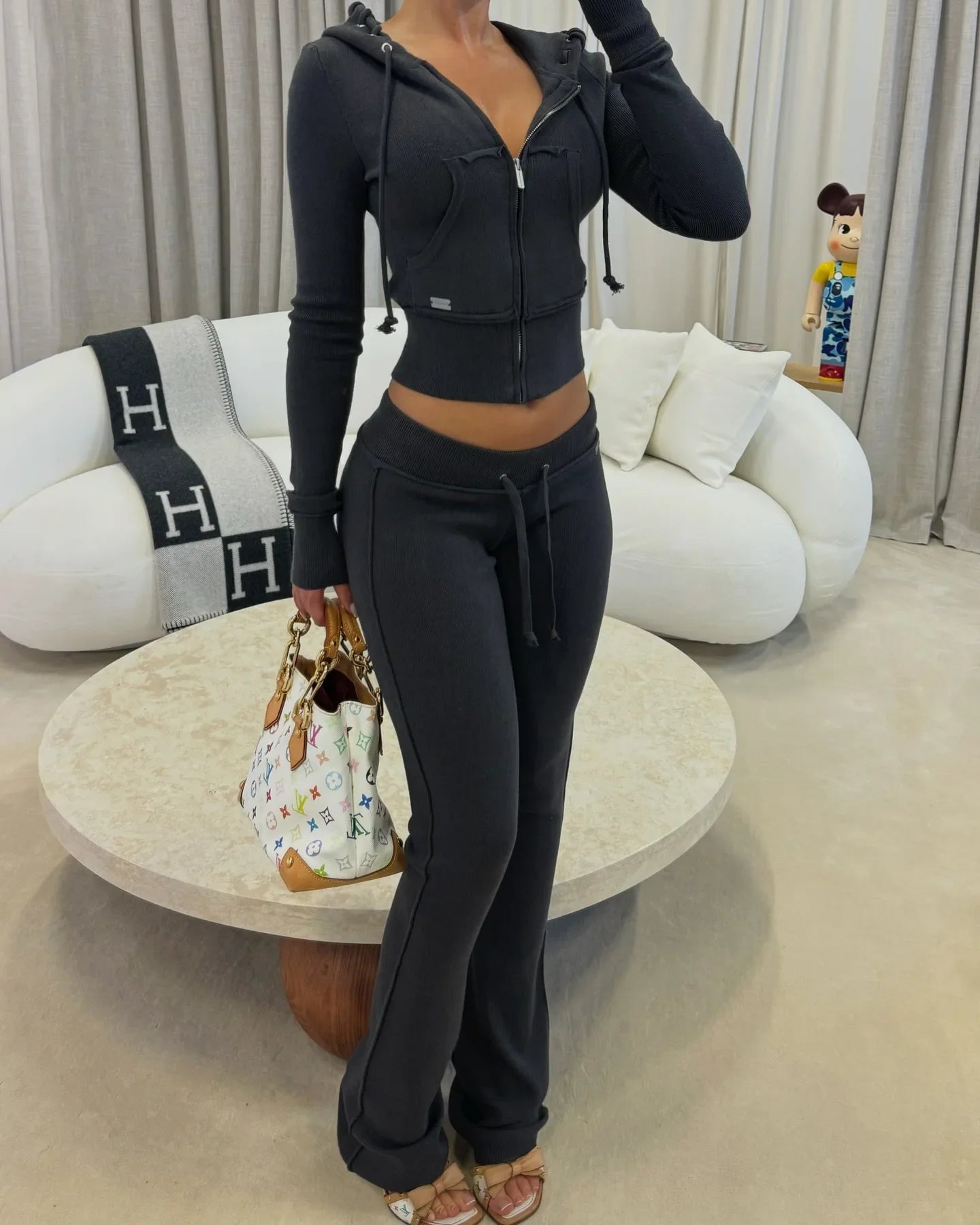 Leosoxs Patchwork 2 Piece Set Tracksuit Women Zip Wide Waist Crop Hooded Pocket Jacket + Sporty Pants Matching Casual Basic Suit