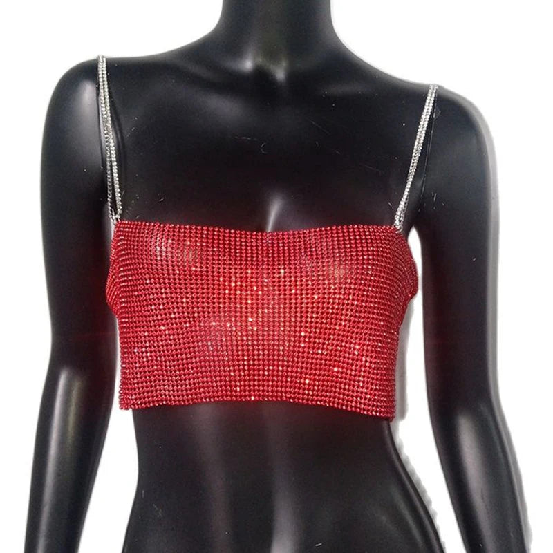 2022 Lantejoulas Brilhantes Cristal Corrente Regata Glitter Metal Malha Halter Alça Metálica Tops Curtos Festival Festa Sexy Roupas Femininas