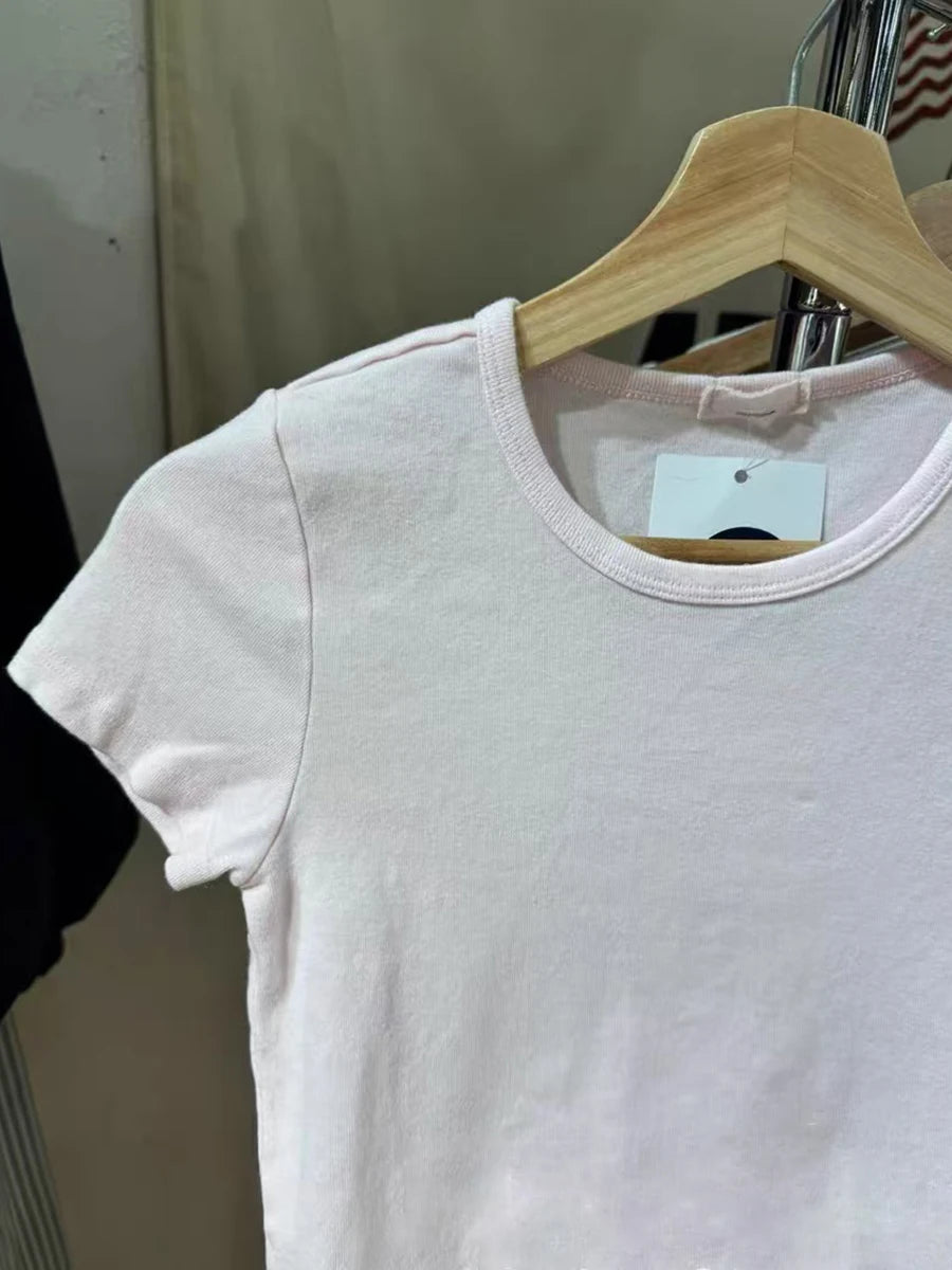 Sweet Pink Basic Slim T Shirt Women New Round Neck Cotton Short Sleeve Tees Vintage Solid Simple Summer Crop Top Y2k Clothes