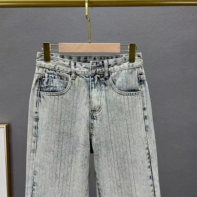 Jeans Feminino Maré 2025 Nova Primavera Cintura Alta Solta e Fina Indústria Pesada Quente Diamante Perna Larga Calças de Esfregar