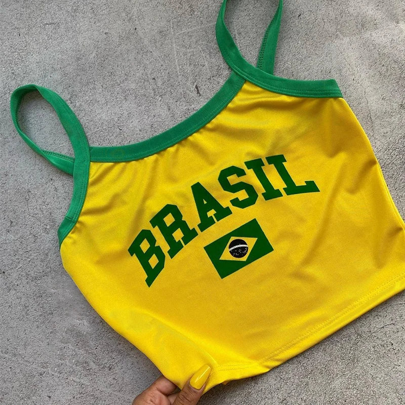 Brasil Letter Printing Y2K Harajuku Gótico Feminino Cropped Moda Verão Slim Streetwear Coreano Alça Sensual Regatas Camis