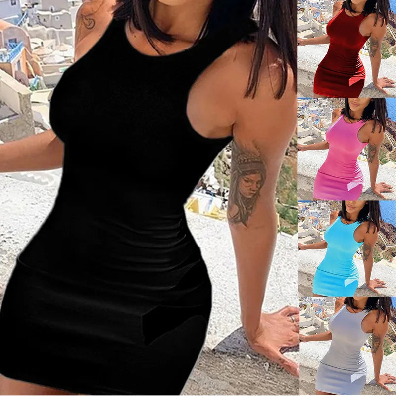 Vestido vintage de verão de algodão justo feminino sexy sem mangas vestido de festa para clube feminino sólido magro elegante mini vestido novo