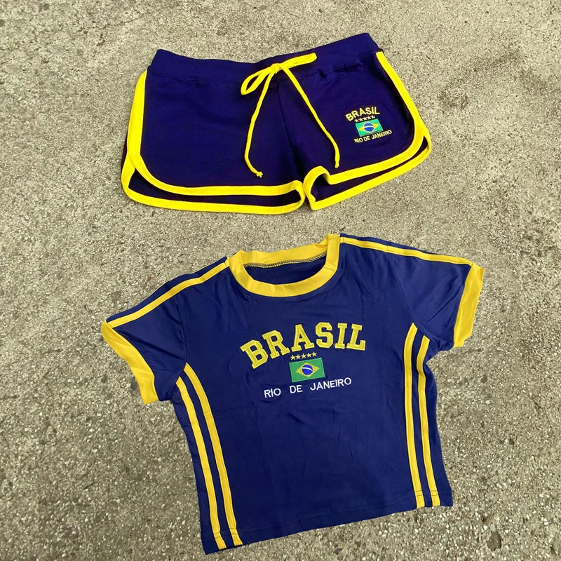 2024 New Shorts Summer Top Set Brazilian Alphabet Embroidery Women's Set Casual Y2K Sports Style Slim Fit Set Street Clothing