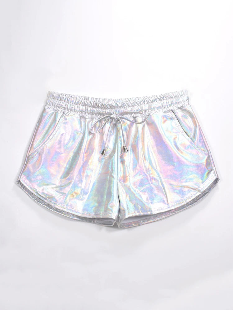 Women Shiny Metallic Hot Shorts Summer Holographic Wet Look Casual Elastic Drawstring Festival Rave Booty Shorts