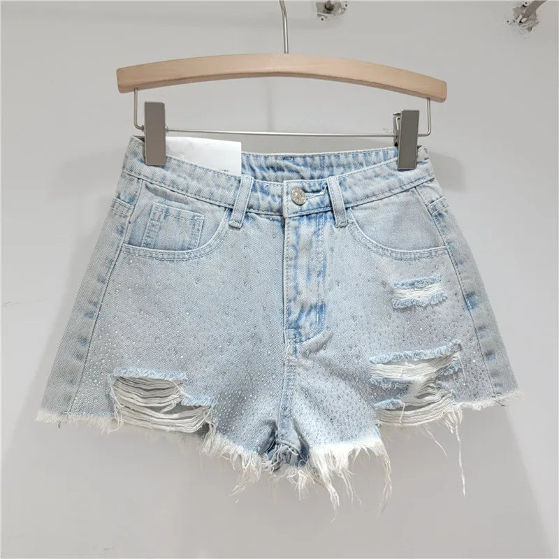 YEAE Heavy Industry Hot Diamond Denim Shorts Women's  New High Waist Skinny Spice Girl Ripped Burr Edge Wide Leg Hot Pants Tide