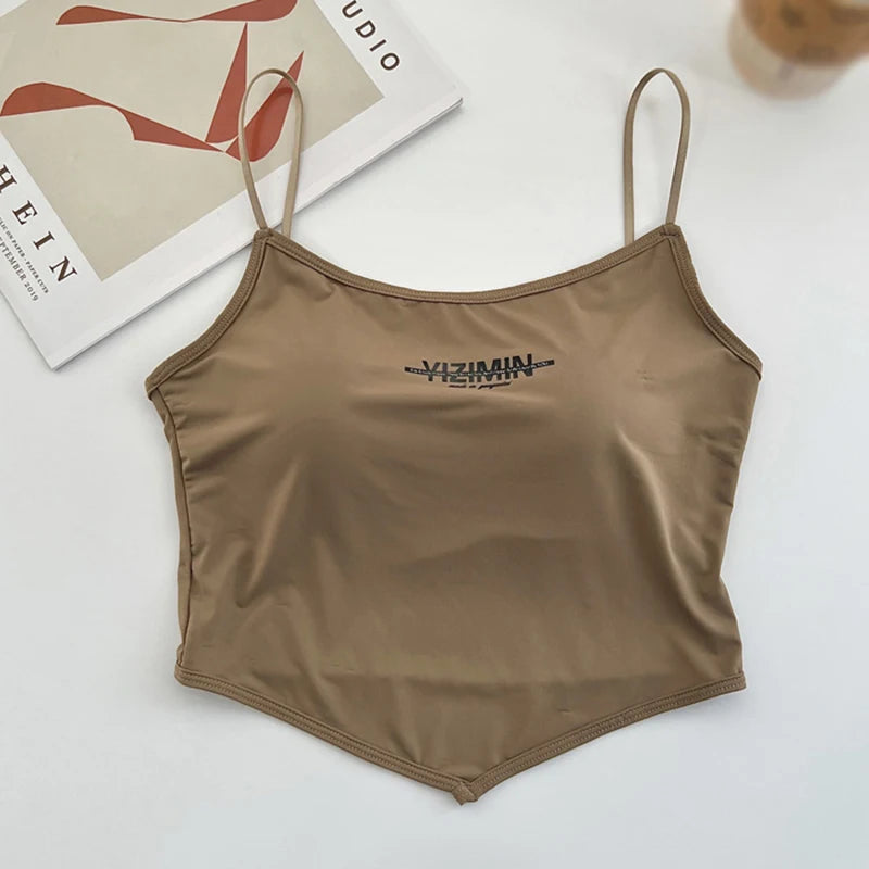 Summer Ice Silk Sling Camisole For Women With Built In Bra Letter Print Slim Wrapped Chest Sexy Casual Versatile Crop Top