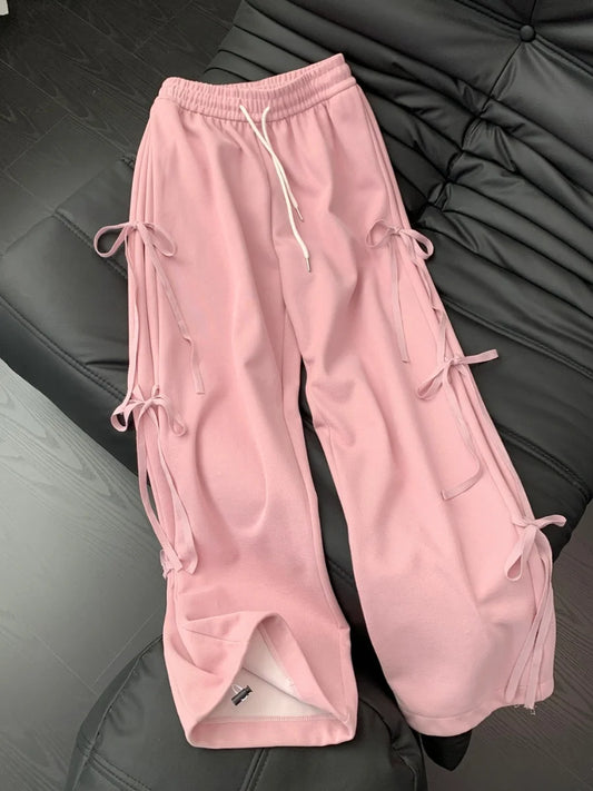 Calças de moletom estilo coreano rosa femininas primavera vintage arco rendas retas calças largas tendência da moda calças compridas soltas