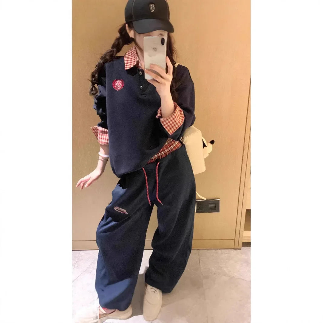 American Style Cerulean Blue Green Embroidered Two-Piece Illusion Bell Bottoms Women's Casual Wide Leg Sweatpants For Spring And