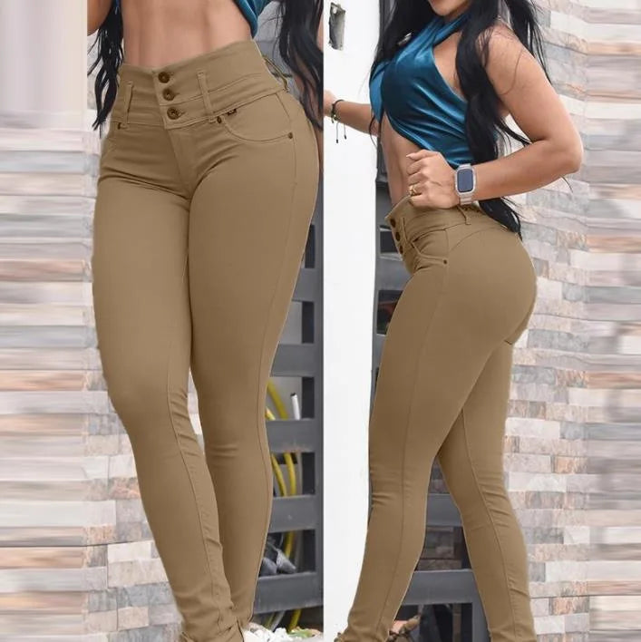 Women Pants Pencil Pants Sheath Capris Slim Fit Pockets High Waist Slight Strech Ankle Length Streetwear Button Spring 2024