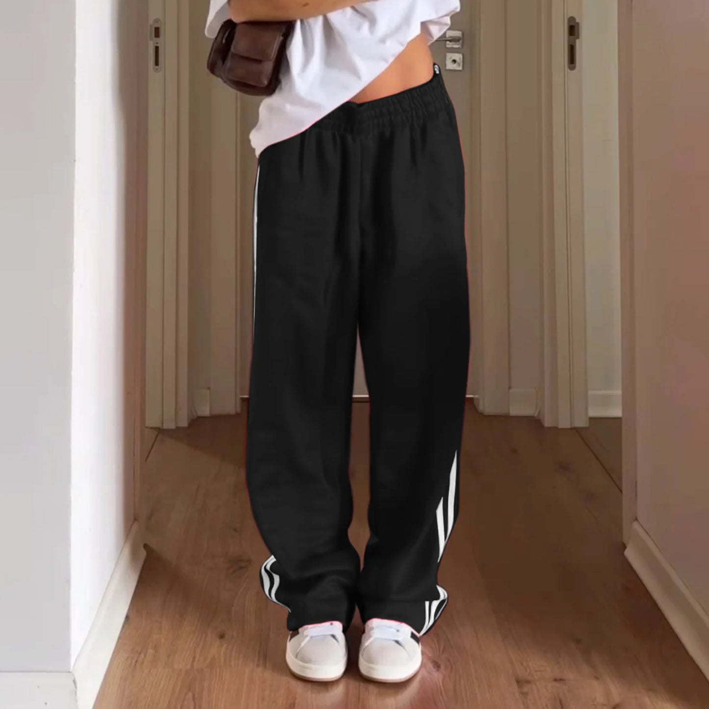 Women Y2k Wide Leg Track Pants Baggy Striped Joggers Sweatpants Elastic Waist Color Block Parachute Pants with Pockets