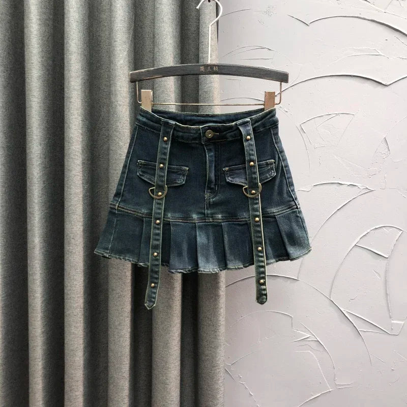 Fashion Rivet Pleated Mini Skirt Brown High Waist Fake Pocket Slim A Line Denim Skirt for Women Summer Red Black Blue Skirts