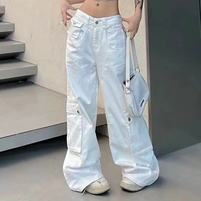 Fashion Baggy Cargo Long Pants Women Y2K American Vintage Streetwear Wide Leg Straight Trouser Casual Distressed Female Bottom