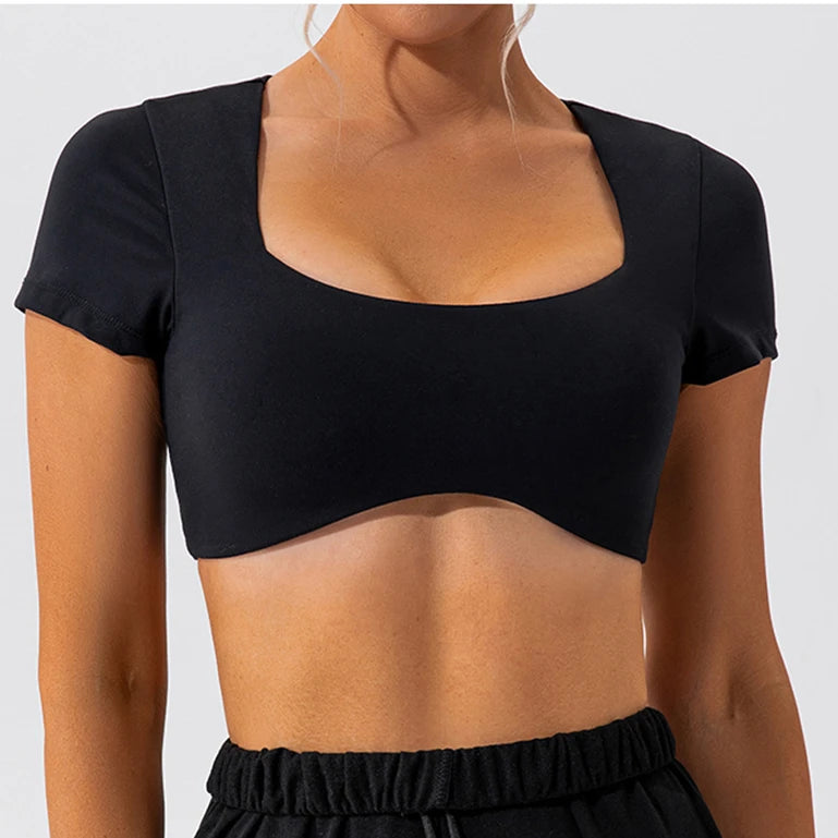 2025 Fitness Bra Short Sleeve Simple Shockproof Sports Curved Hem Yoga Shirt Slim Fit Crop Top Run Gym Shirts Women Active Wear