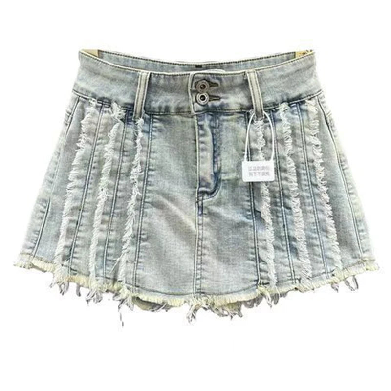 retro fringe patchwork striped A-line denim skirt for women with rough edges, spicy girl A-line ultra short anti glare skirt