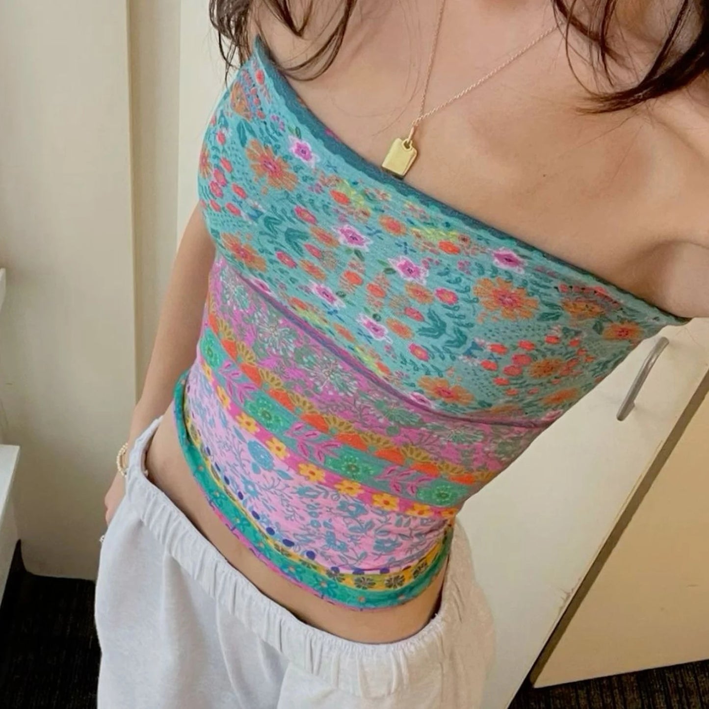 Summer Boho Bandeau Vest Cute Hiking Outfits Preppy Style Fitness Girl Strapless Tube Tops Graphic Print Off Shoulder Crop Tops