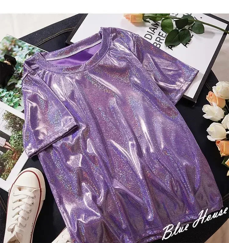 S-4XL Womens Sparkly Shiny Metallic Holographic Round Neck Short Sleeve Casual Loose Top Festival Party Tee Shirt Female Clothes